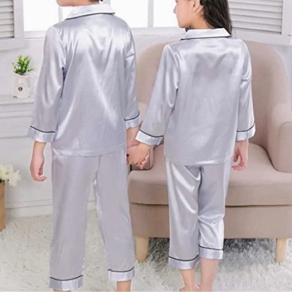NWT Horcute Girls Satin Pajama Set Pants Long Sleeve Button Front Top Silver